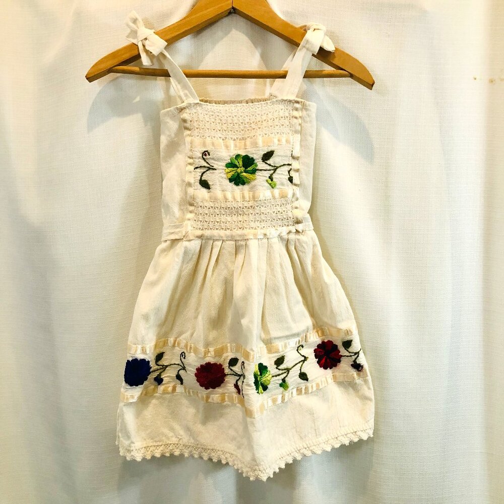 Familia Lopez Vintage 1990s Girls' Dress with Floral Embroidery Made in Mexico